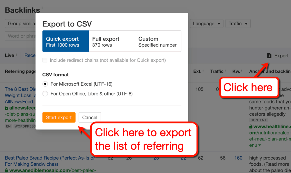 Ahrefs Export Options