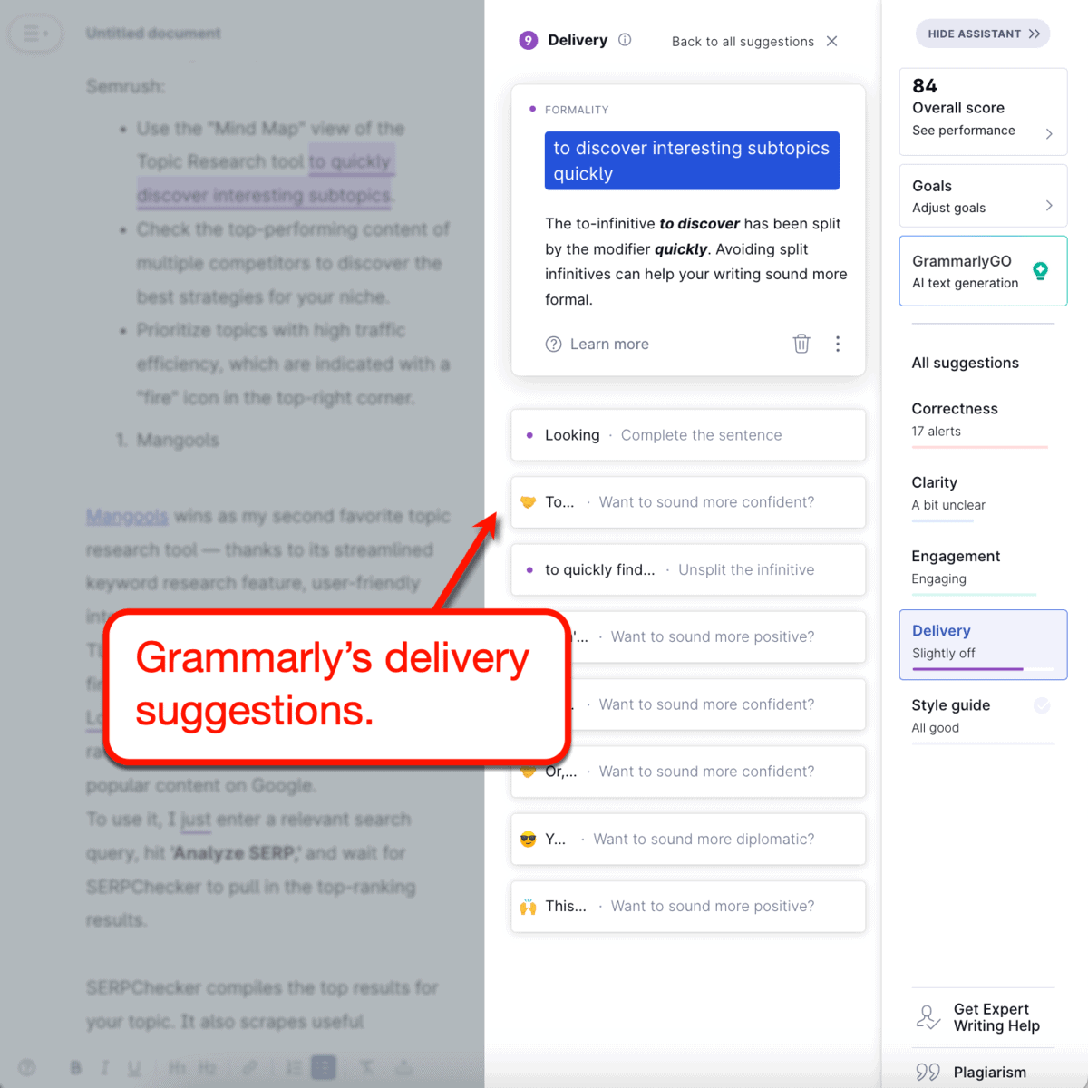 Grammarly Premium Delivery suggestions