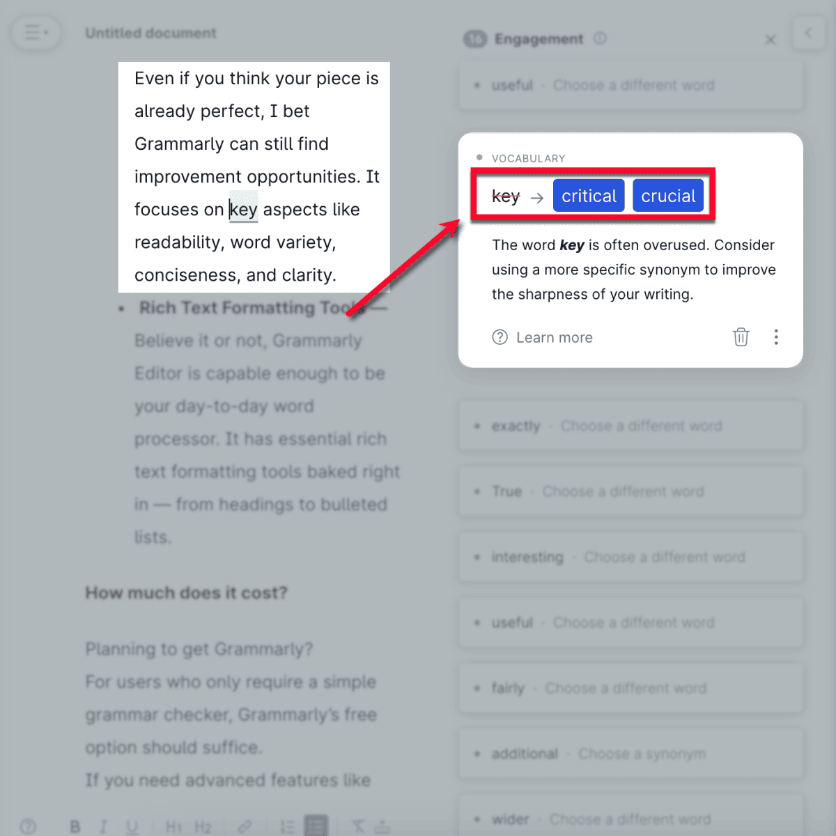 Grammarly suggesting a more powerful word to increase engagement.