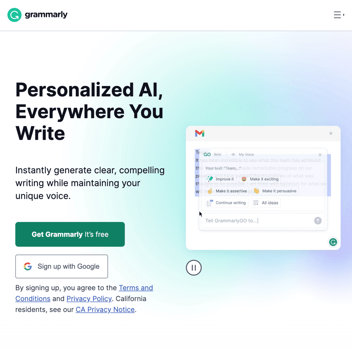 Grammarly landing page