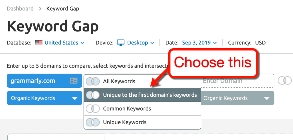 Keyword Gap Comparison Options