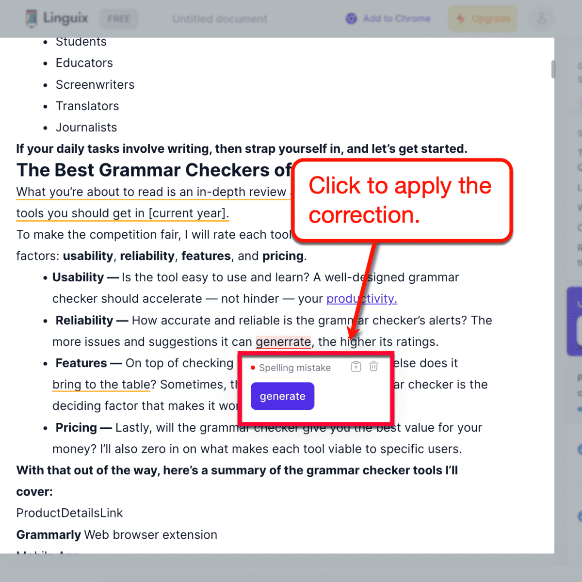 Linguix spelling mistake suggestion