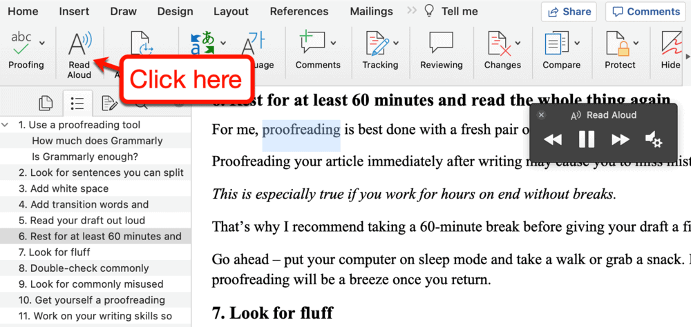 The Read Aloud tool on Microsoft Word