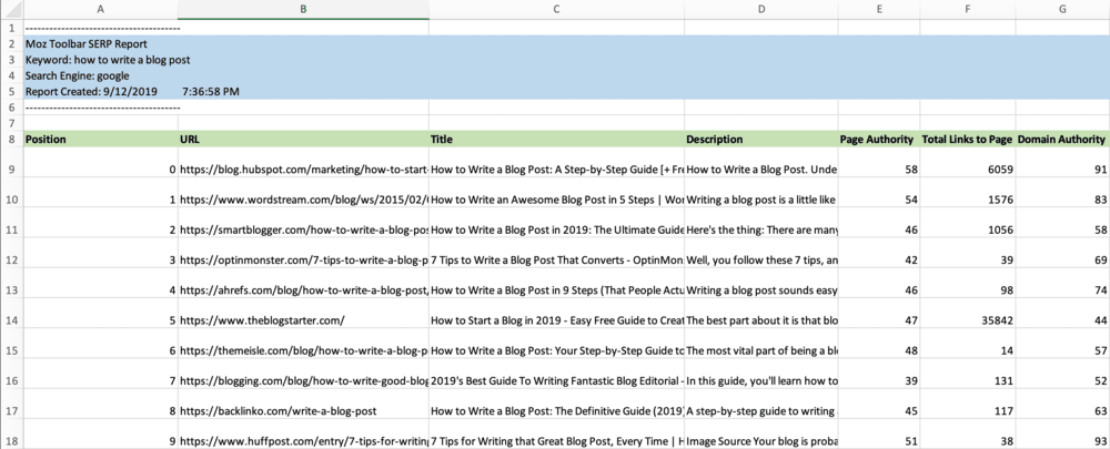 MozBar CSV Report