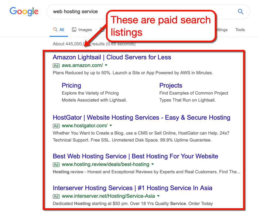 Web Hosting Service Paid Search Results