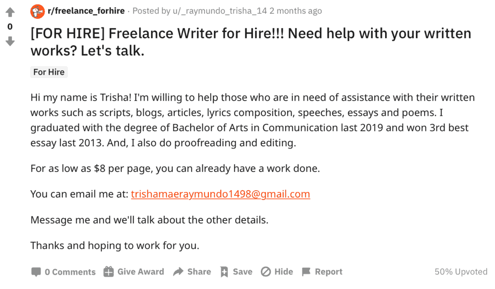 Freelance writer for hire on Reddit