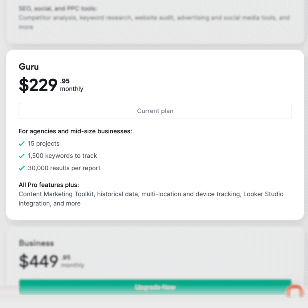 Semrush Guru Pricing Information