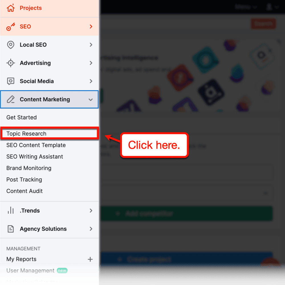 Topic research tool in Semrush's main menu