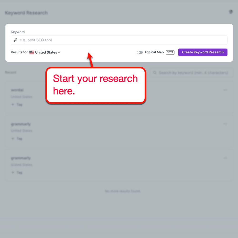 Surfer keyword research main interface