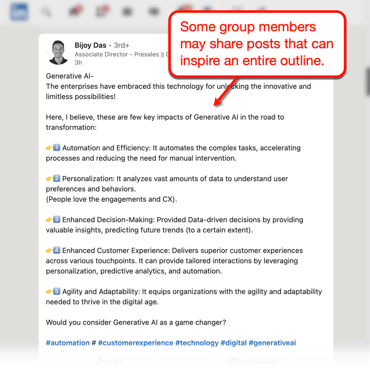 LinkedIn group member post.