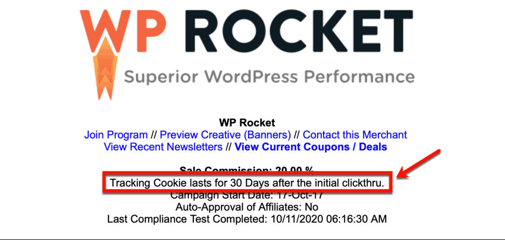 WP Rocket affiliate cookie duration