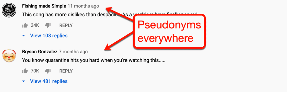 Pseudonyms on YouTube