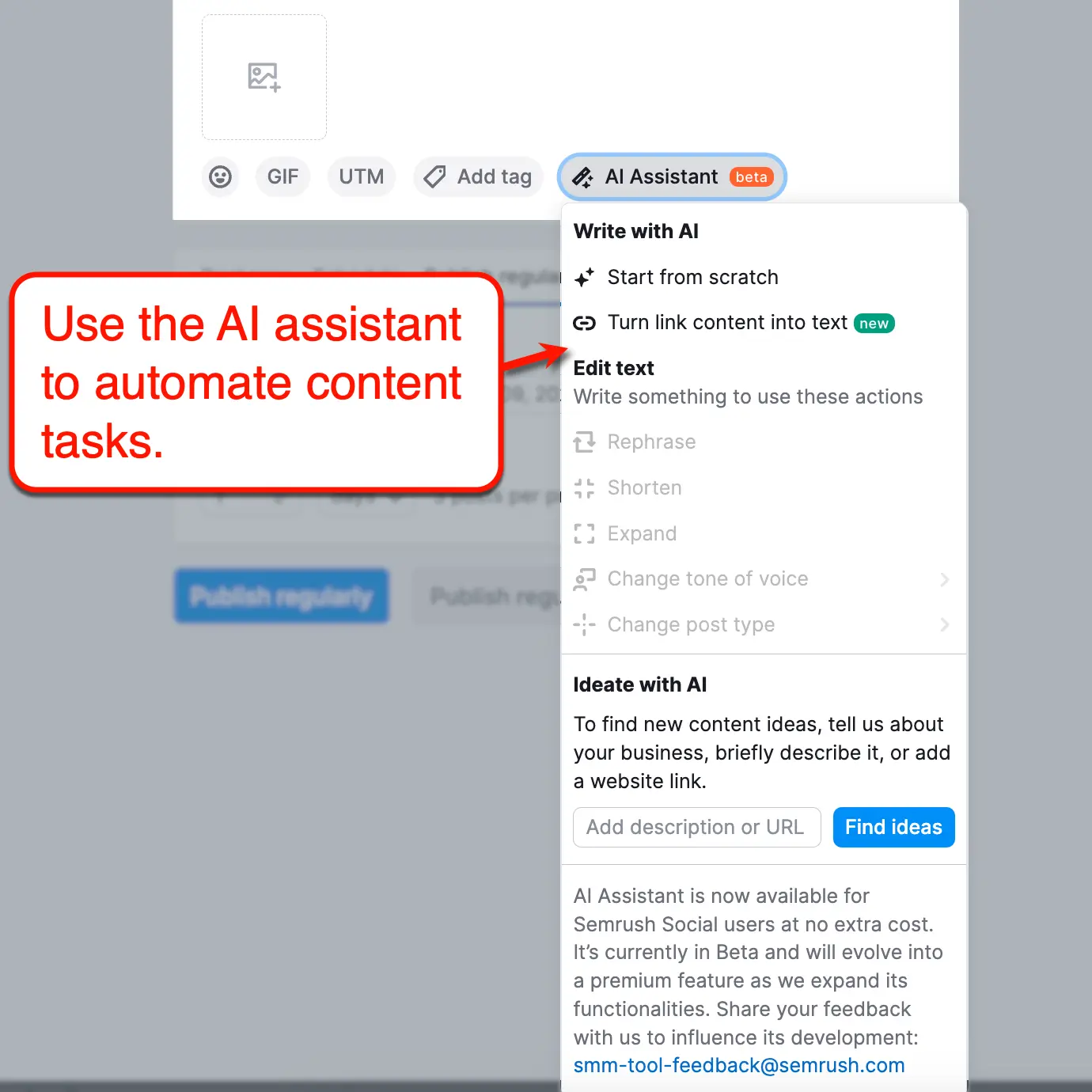 Semrush Social AI Assistant menu