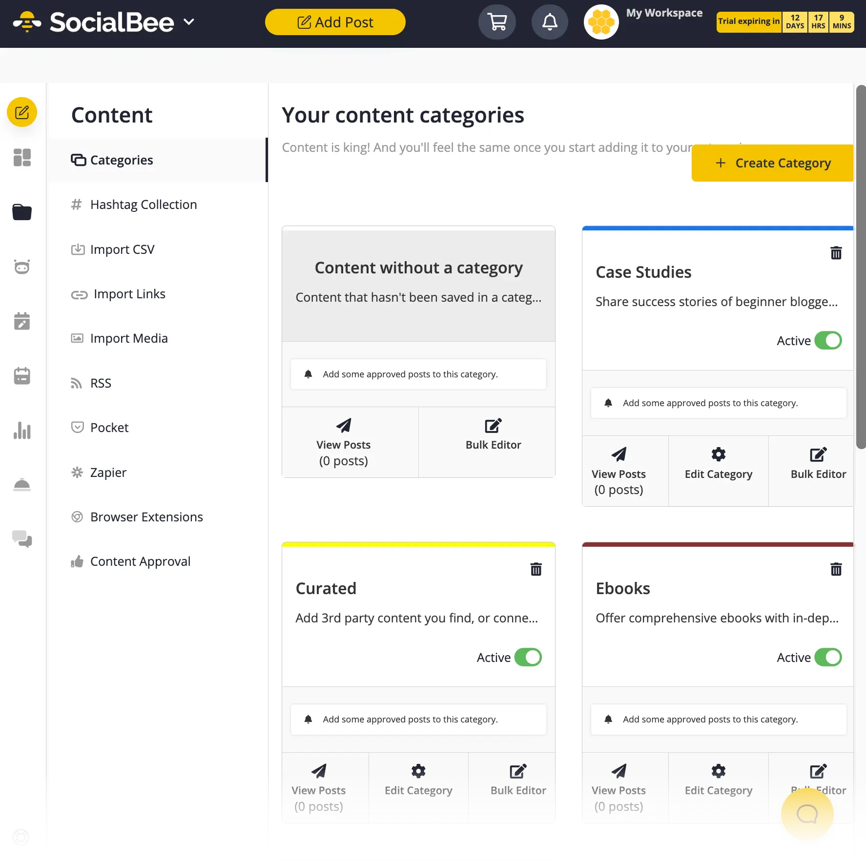 SocialBee content categories
