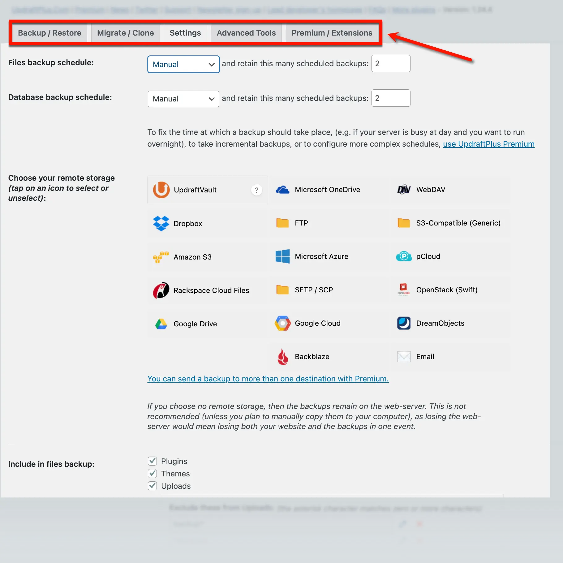 UpdraftPlus Settings Page